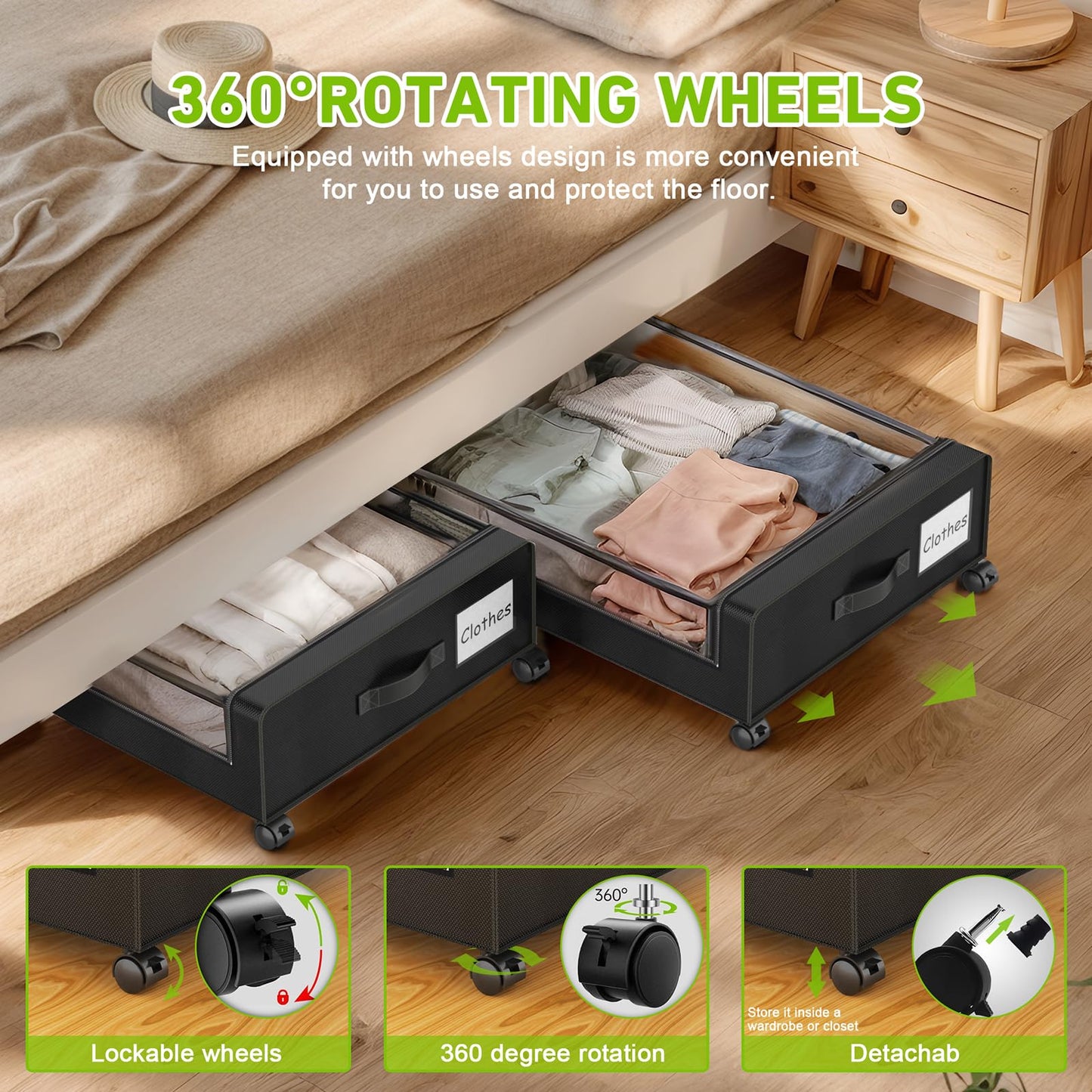 Beborxue Under Bed Storage with Wheels, 2-Pack Under Bed Storage Containers with Clear Lids, XXL 60L Under Bed Shoe Storage Organizer, Rolling Underbed Storage for Clothes, Shoes, Blankets (Black)