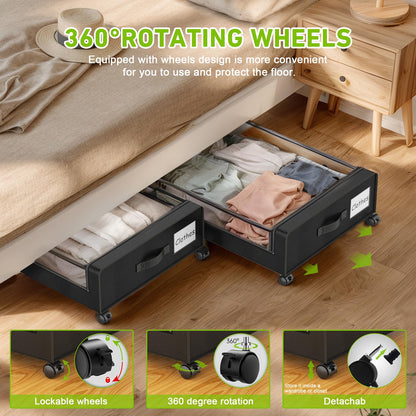 Beborxue Under Bed Storage with Wheels, 2-Pack Under Bed Storage Containers with Clear Lids, XXL 60L Under Bed Shoe Storage Organizer, Rolling Underbed Storage for Clothes, Shoes, Blankets (Black)