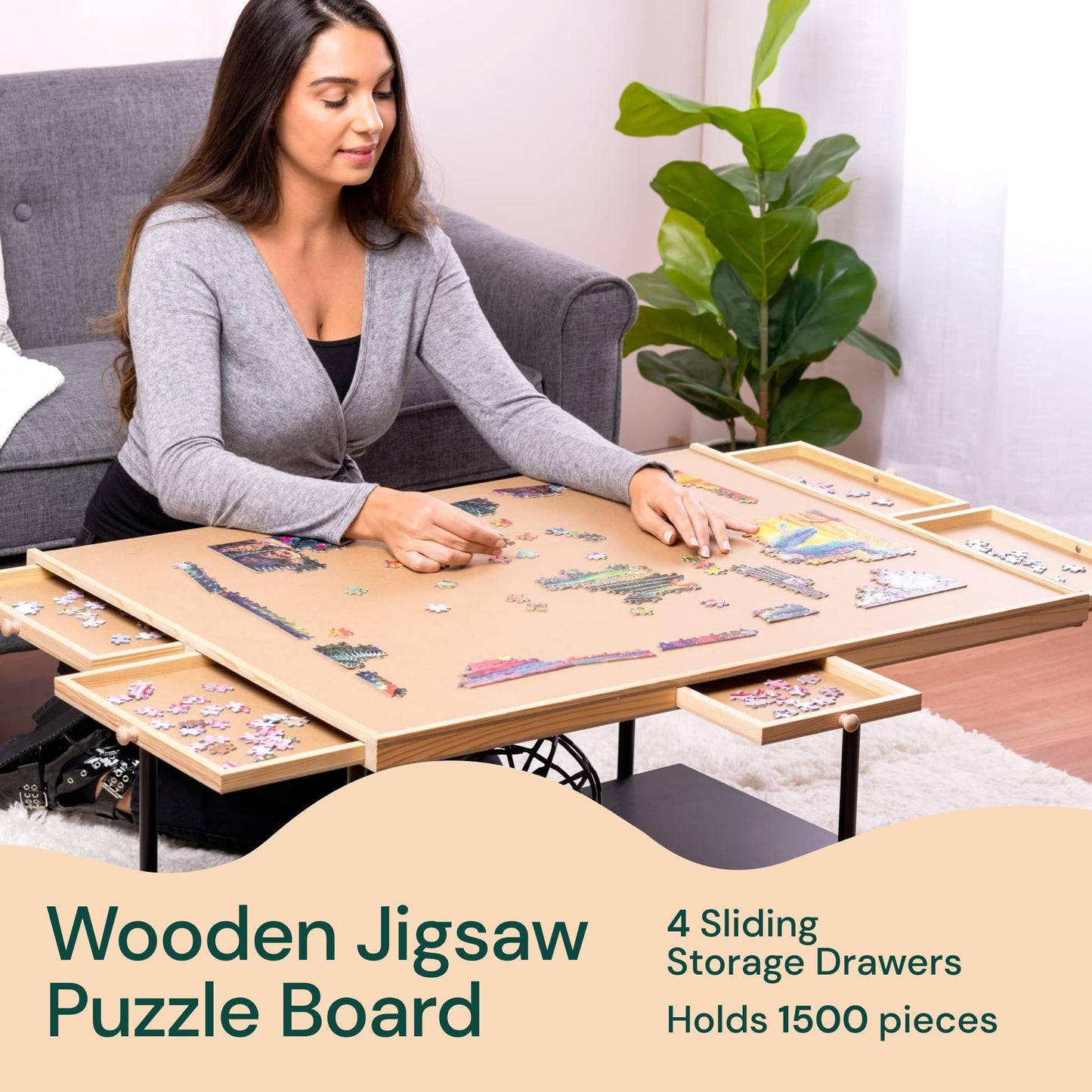 PLAYVIBE Rotating Jigsaw Puzzle Board with Drawers 1500 Piece – Puzzle Table with Cover, 6 Drawers, 27" x 35" – Wooden Puzzle Organizer – Puzzle Accessories