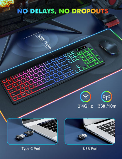 Wireless Keyboard and Mouse Combo - RGB Backlit, Rechargeable & Light Up Letters, Full-Size, Ergonomic Tilt Angle, Sleep Mode, 2.4GHz Quiet Keyboard Mouse for Mac, Windows, Laptop, PC