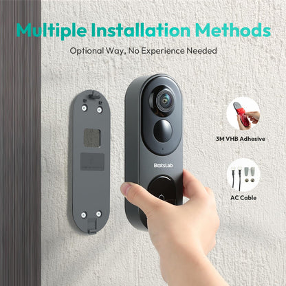 BOTSLAB 5MP Wireless Video Doorbell Camera,180° Head-to-Toe View, AI Motion Detection, VR Mode, Battery or Wired Powered, Easy Installation, Weatherproof, No Monthly Fee, 2.4GHz WiFi
