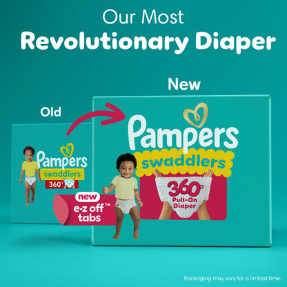 Pampers Diapers - Swaddlers 360° - Size 4, 132 Count, up to 100% Leakproof Comfy Dry Fit, Designed for Easy Changes, Pull On Baby Diaper (Packaging May Vary)