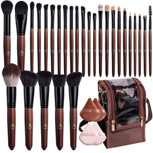 BS-MALL Professional Makeup Brush Set 28 Pcs With Travel Makeup Bag,Concealer Brush, Foundation Brush, Blush Brush, 4 Pcs Triangle Puff & makeup sponges for Flawless beauty on the Go