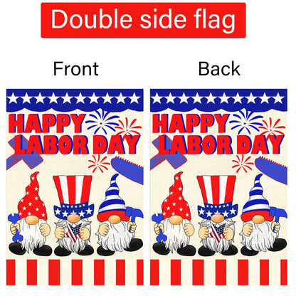 Louise Maelys Happy Labor Day Garden Flag 12x18 Double Sided Vertical, Burlap Small Gnome Garden Yard House USA Flags Banner Outdoor Outside Labor Day Decoration (ONLY FLAG)