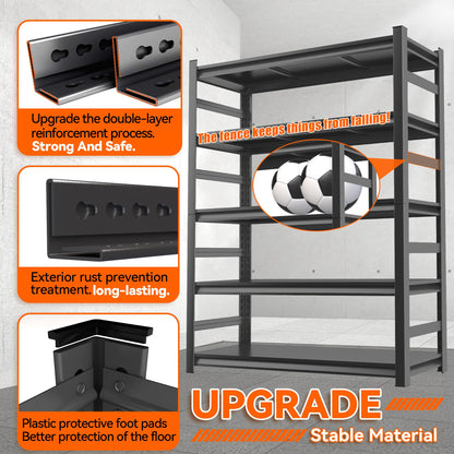 Metal Garage Shelving Unit, Heavy Duty 5-Tier Adjustable Storage Rack, Steel Shelving, 3000 lbs Capacity, Industrial Shelves for Heavy Tools and Equipment, Ideal for Garage, Basement, Black, 72"