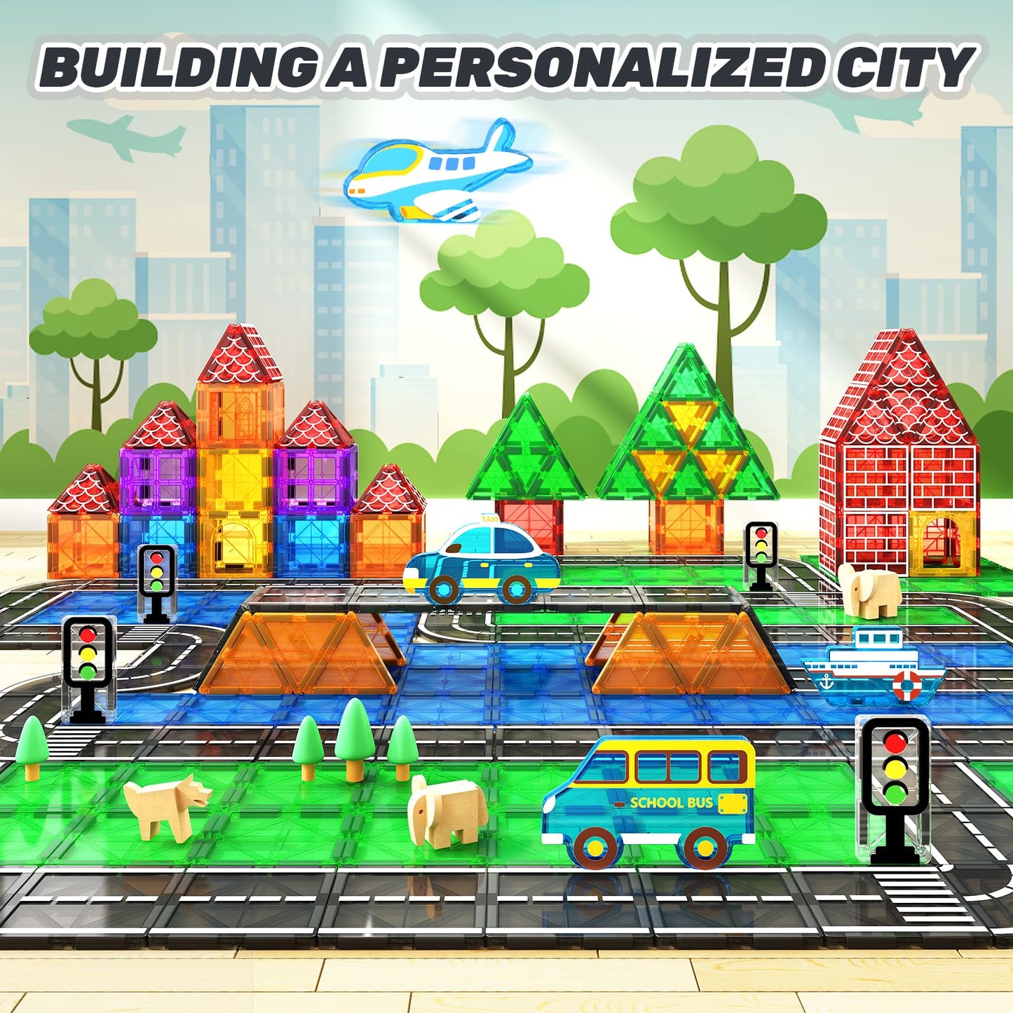 IGIVI Magnetic Tiles - Road Set with Car Toys, STEM Magnetic Blocks Building Toys for Toddlers, Construction Toys for Kids Ages 3+,Gifts Toys for Boys & Girls