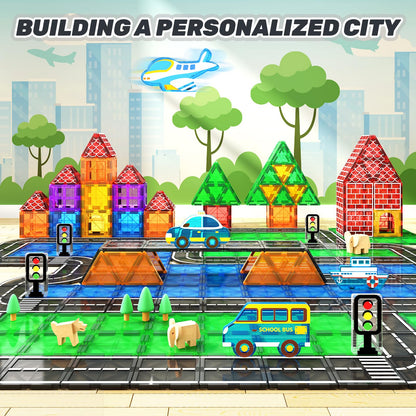 IGIVI Magnetic Tiles - Road Set with Car Toys, STEM Magnetic Blocks Building Toys for Toddlers, Construction Toys for Kids Ages 3+,Gifts Toys for Boys & Girls