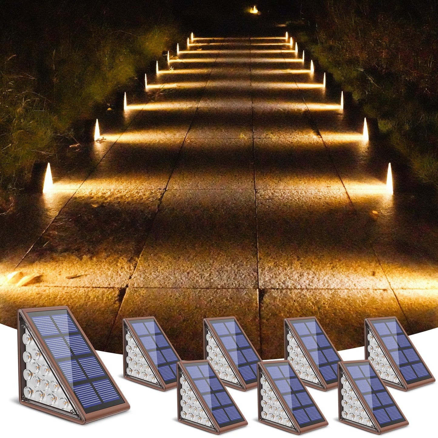 NIORSUN Solar Deck Step Lights,8 Pack Warm White Solar Step Lights for Outside Waterproof Auto On Off,Solar Lights for Steps,Stair,Patio,Yard,Porch,Front Door,Sidewalk,Deck Decor（Brown）