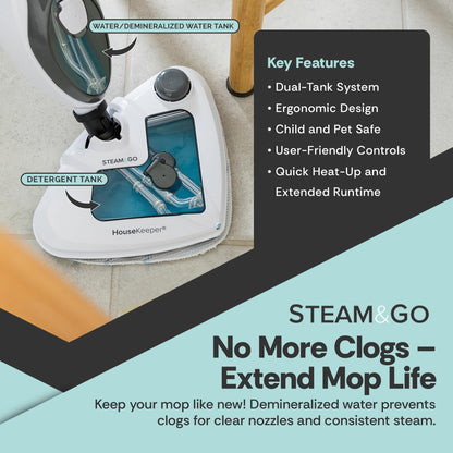 Steam and Go 10-in-1 Steam Mop - Multi-Functional Floor Steamer for Home Use w/Detergent Chamber, Detachable Handle & Handheld Steam Cleaner for Tile, Grout, Hardwood, Upholstery, Carpets & Furniture