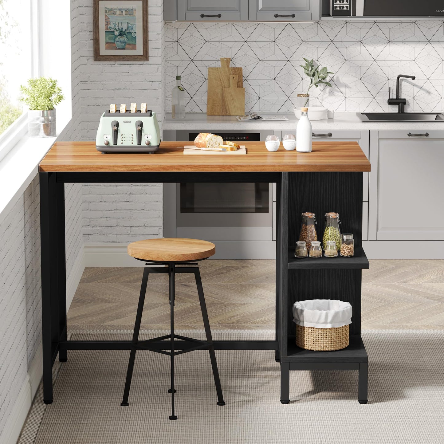 Tribesigns Kitchen Island, Kitchen Shelf Kitchen Bar Table with 5 Open Storage Shelves and Large Worktop, Industrial Butcher Block Island (Stools Not Included)