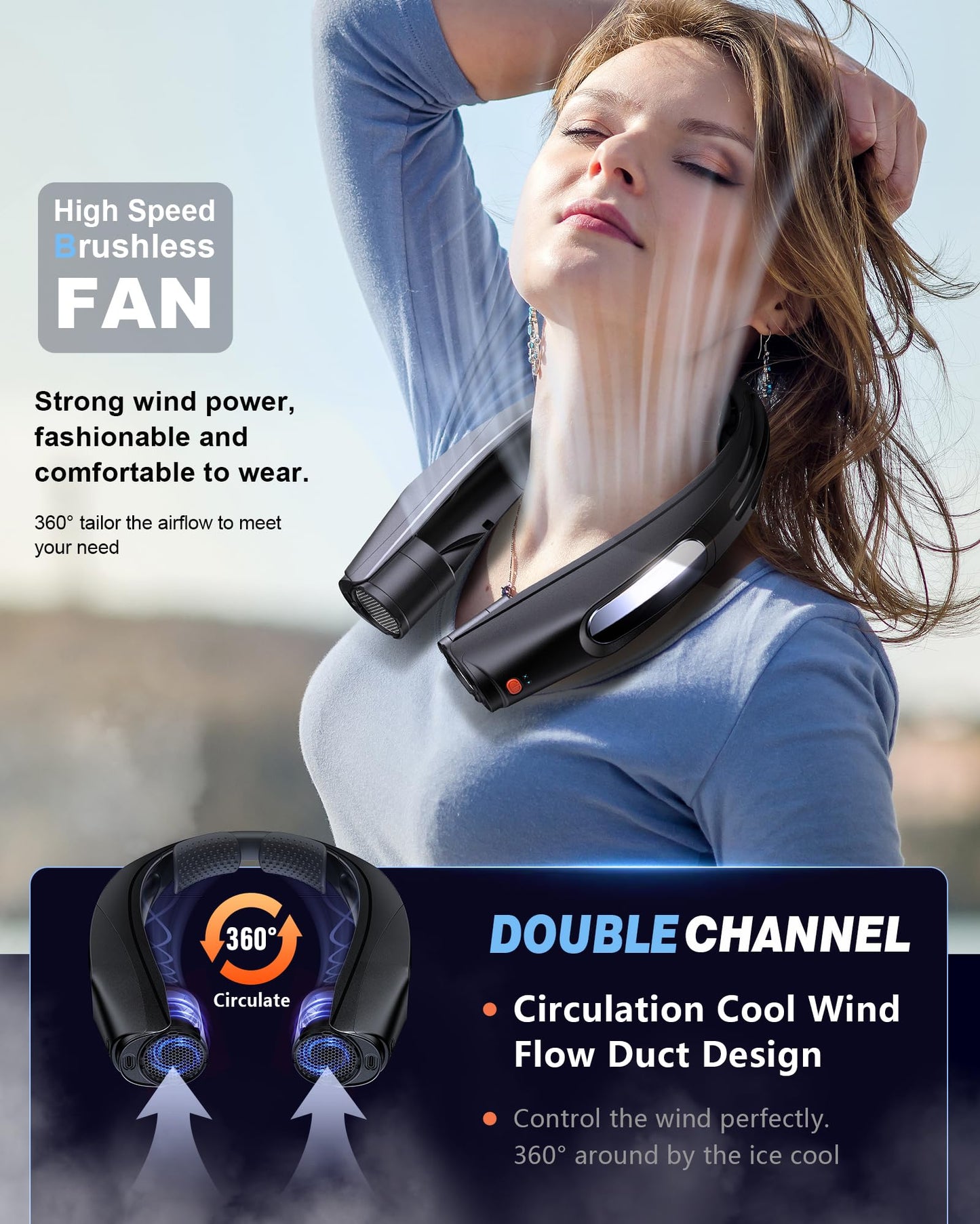ZEEFO Portable Neck Fan, Hands Free Personal Fan- 6000mAh Battery Operated, Ultra-Quiet USB Rechargeable Fan with 6 Adjustable Speeds, Cooling Wearable Fan for Home, Office, Outdoor, Travel-Black