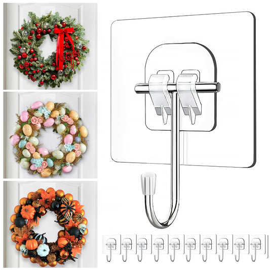 Wreath Hangers for Front Door,Large Adhesive Wall-Hooks-for-Hanging-Heavy-Duty,10 Pack Christmas Halloween Decorations Fall Wreath-Door-Hanger,Over The Door Hooks Organizer,Welcome Sign for Front Door