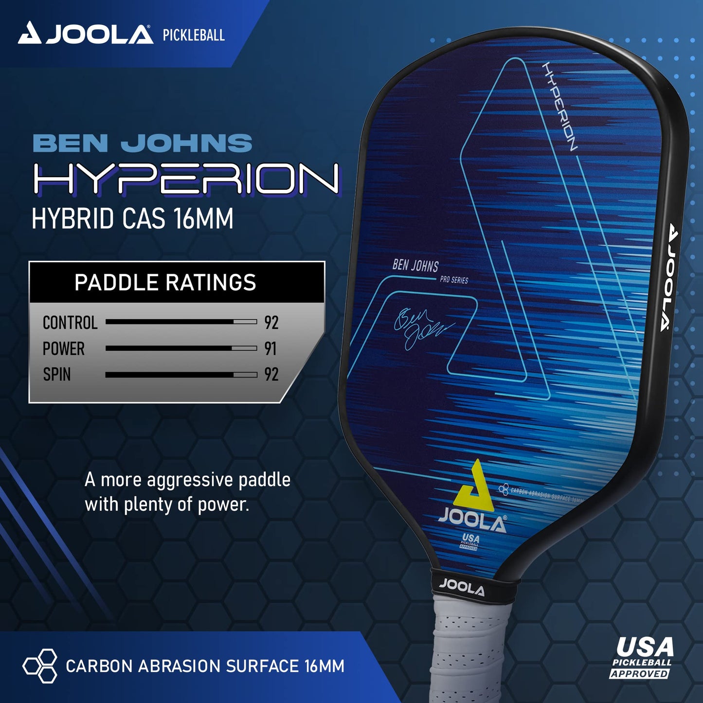 JOOLA Ben Johns Hyperion Pickleball Paddle - Carbon Surface, High Grit & Spin, Elongated Handle, Polypropylene Honeycomb Core, Custom Cover