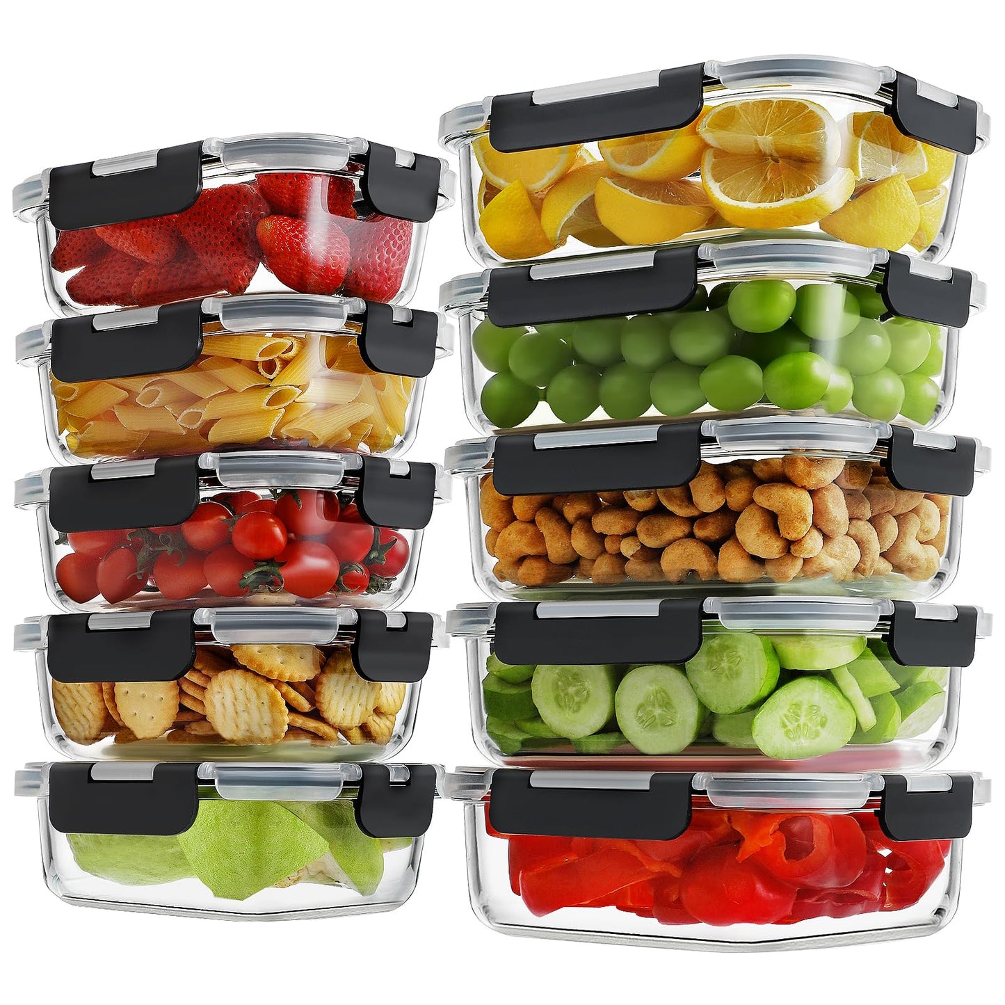 HOMBERKING 10 Pack Glass Meal Prep Containers with Locking Lids, Glass Food Storage Containers Set, Airtight Glass Lunch Bento Boxes, BPA-Free & Leak Proof, 36oz & 14oz(10 lids & 10 Containers), Black