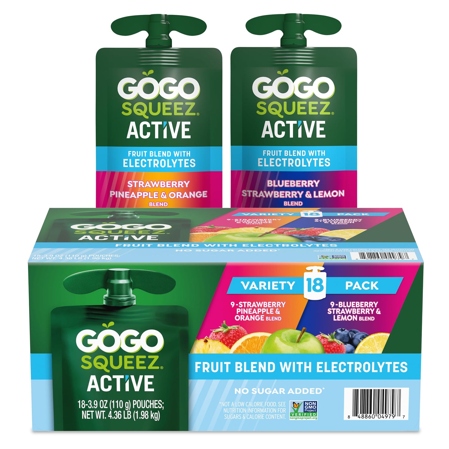 GoGo squeeZ Active Fruit Blend with Electrolytes | 18-Count Variety Pack | Blueberry Strawberry Lemon & Strawberry Pineapple Orange | Made with Real Fruit and Antioxidants Vitamin A, Vitamin E, & Vitamin C