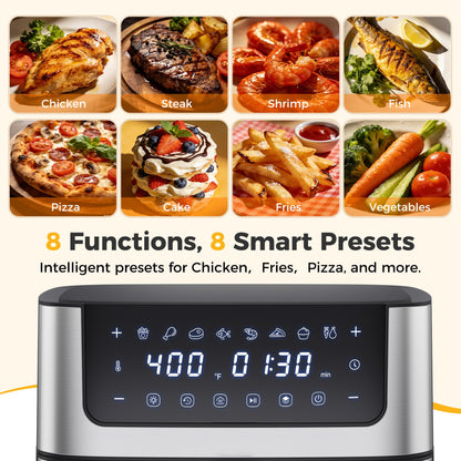 NEWBULIG Air Fryer 6.34QT, Airfryer with Visible Window, 400℉ Fast Heating Air Fryers Oven with Nonstick and Dishwasher-Safe Basket, 8-in-1 Cooking Preset, Timer，Auto-Off, Stainless Steel, Black