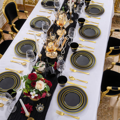 WELLIFE 600 PCS Black and Gold Disposable Dinnerware Set for 100 Guests, Gold rimmed Plastic Dinner Plates,Salad Plates,Cups,Silverware Set for New Year Party Supplies