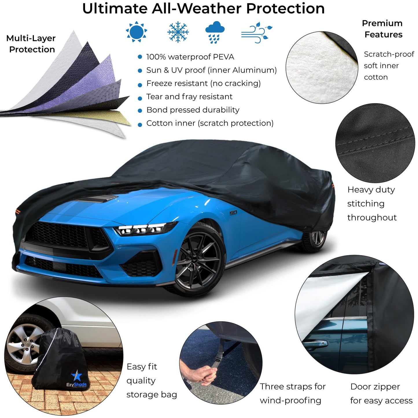 EzyShade 10-Layer Waterproof Sports Car Cover. See Vehicle Size-Chart for Accurate Fit. All Weather Outdoor Covers. Challenger Charger Monte Carlo. Sun Snow Rain. Black, Size C6 (See Size Chart)