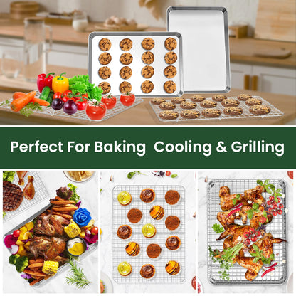 Baking Sheet Cooling Rack Set: 2PCS Stainless Steel Cookie Pan for Toaster Oven with Wire Rack Size 9 x 6.9 x 1 Inch - Nonstick Heavy Duty & Dishwasher Safe Cooking Tray for Roasting Bacon