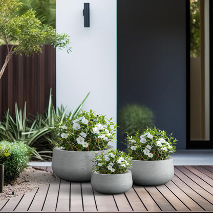 Kante 19.6",15.7",11.8" Dia Round Concrete Planters Set of 3, Outdoor Indoor Garden Plant Pots with Drainage Hole and Rubber Plug, Modern Curvaceous Design, Natural Concrete
