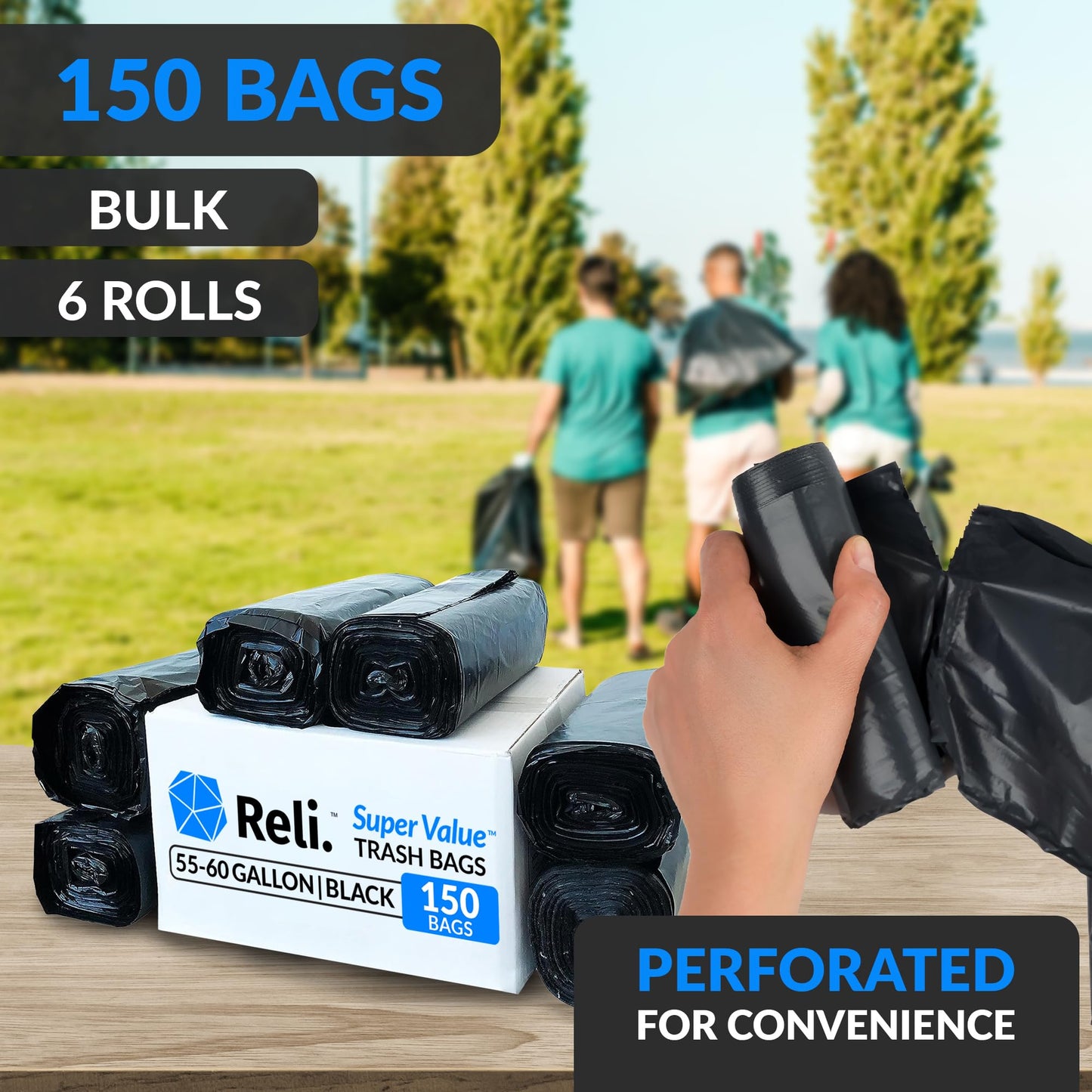 Reli. 55-60 Gallon Trash Bags Heavy Duty | 150 Bags | 50-60 Gallon | Large Black Garbage Bags | Made in USA