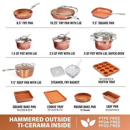 Gotham Steel Hammered Copper Collection – 20 Piece Premium Pots and Pans Set Nonstick Ceramic Cookware + Bakeware Set for Kitchen, Induction/Dishwasher/Oven Safe, Healthy and Non Toxic