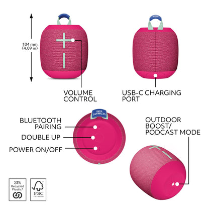 Ultimate Ears WONDERBOOM 4 Outdoor Speakers Bluetooth Waterproof with Big Bass & 360-Degree Sound, Dustproof Floating Wireless Speaker, 131ft Range - Pink