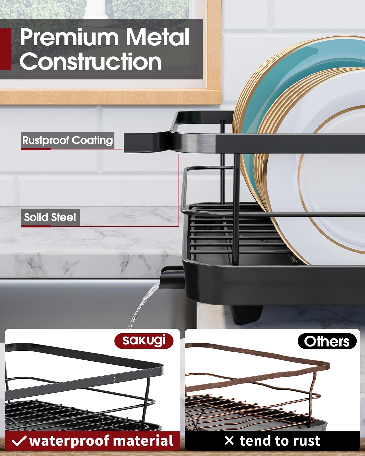 Sakugi Stainless Steel Dish Drying Rack for Kitchen Counter, Sink Organization and Storage Essentials with Silverware & Utensil Holder, Home and Apartment Decor, 12''W x 15.6''L, Black