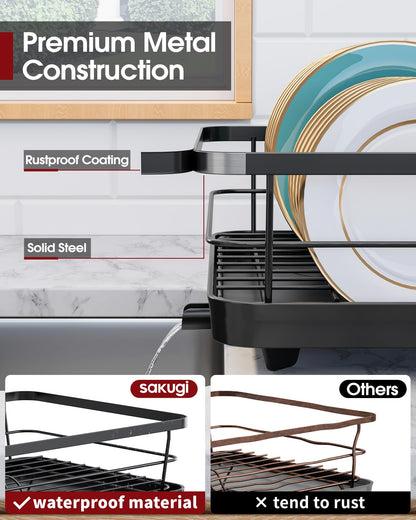 Sakugi Stainless Steel Dish Drying Rack for Kitchen Counter, Sink Organization and Storage Essentials with Silverware & Utensil Holder, Home and Apartment Decor, 12''W x 15.6''L, Black