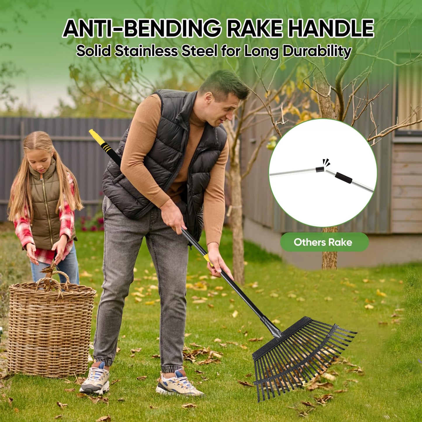 Coopvivi Garden Leaf Rakes, 6FT Rake for Lawns Heavy Duty 25 Metal Tines 18.5 inch Wide, Adjustable Steel Handle, Rakes for Leaves, Gathering Shrub, Grass, Flower Beds