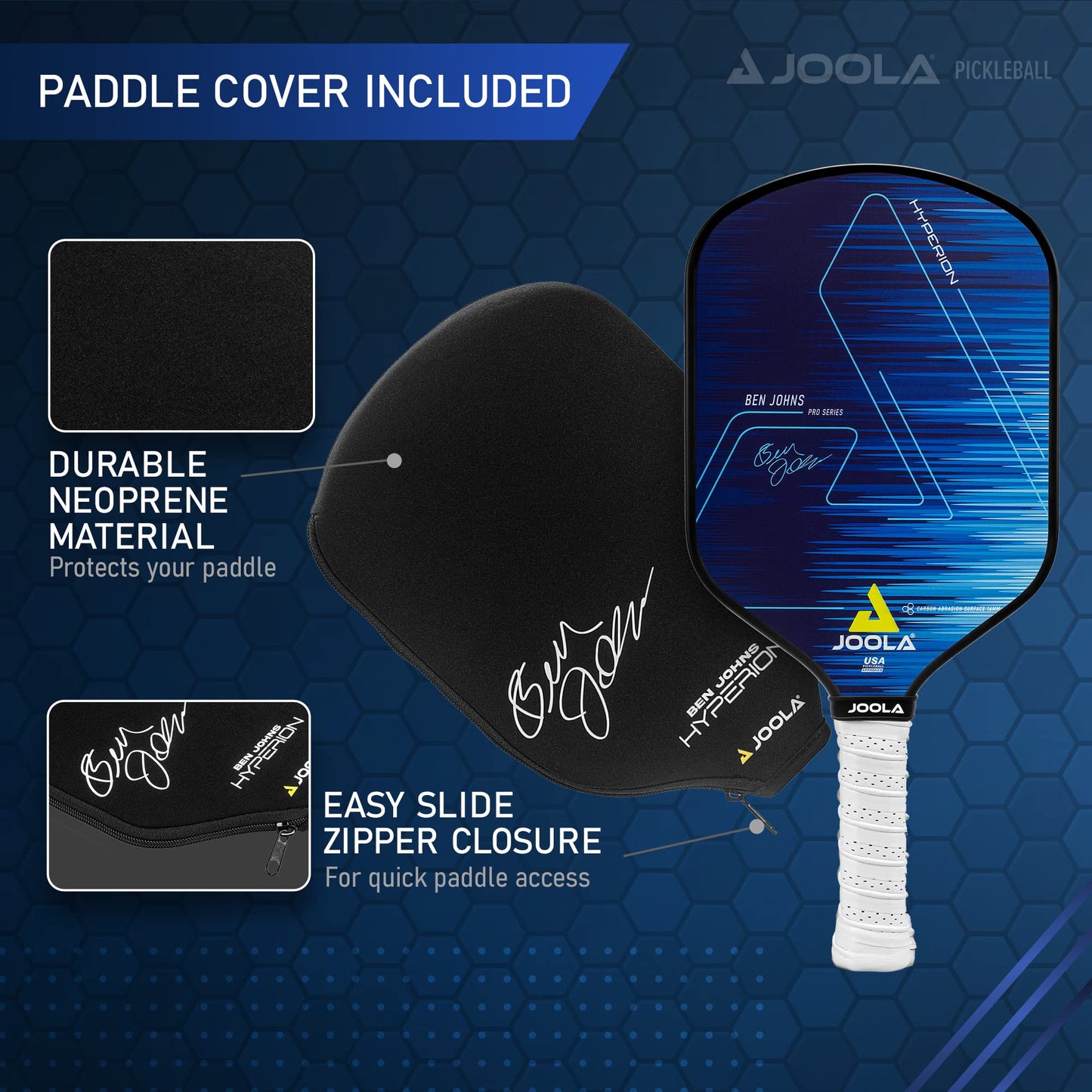 JOOLA Ben Johns Hyperion Pickleball Paddle - Carbon Surface, High Grit & Spin, Elongated Handle, Polypropylene Honeycomb Core, Custom Cover