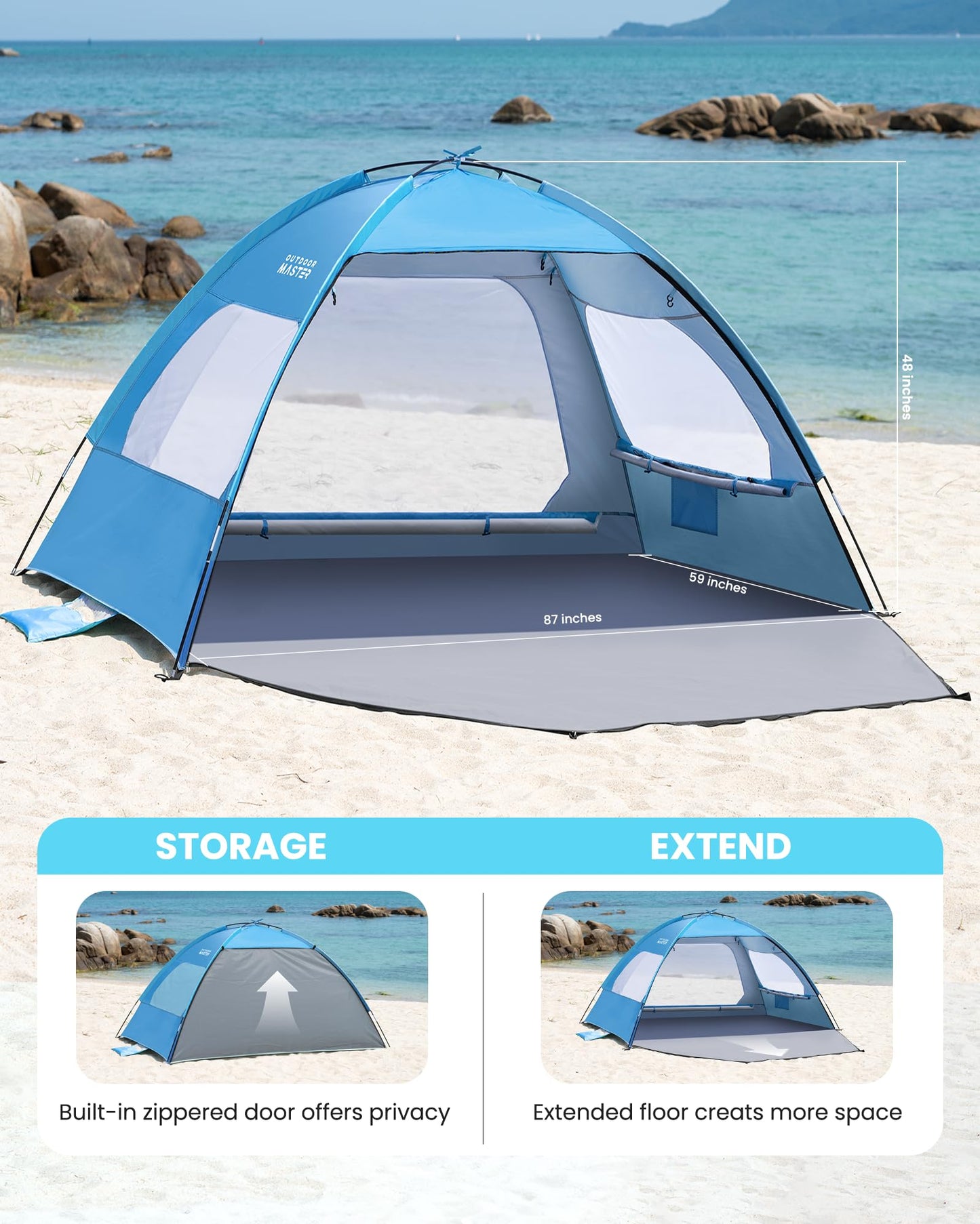 OutdoorMaster Beach Tent for 3/4 Person - Easy Setup Sun Shade Shelter, Portable Beach Shade Sun Canopy with UPF 50+ UV Protection, Removable Skylight Family Size - 3 Person Blue