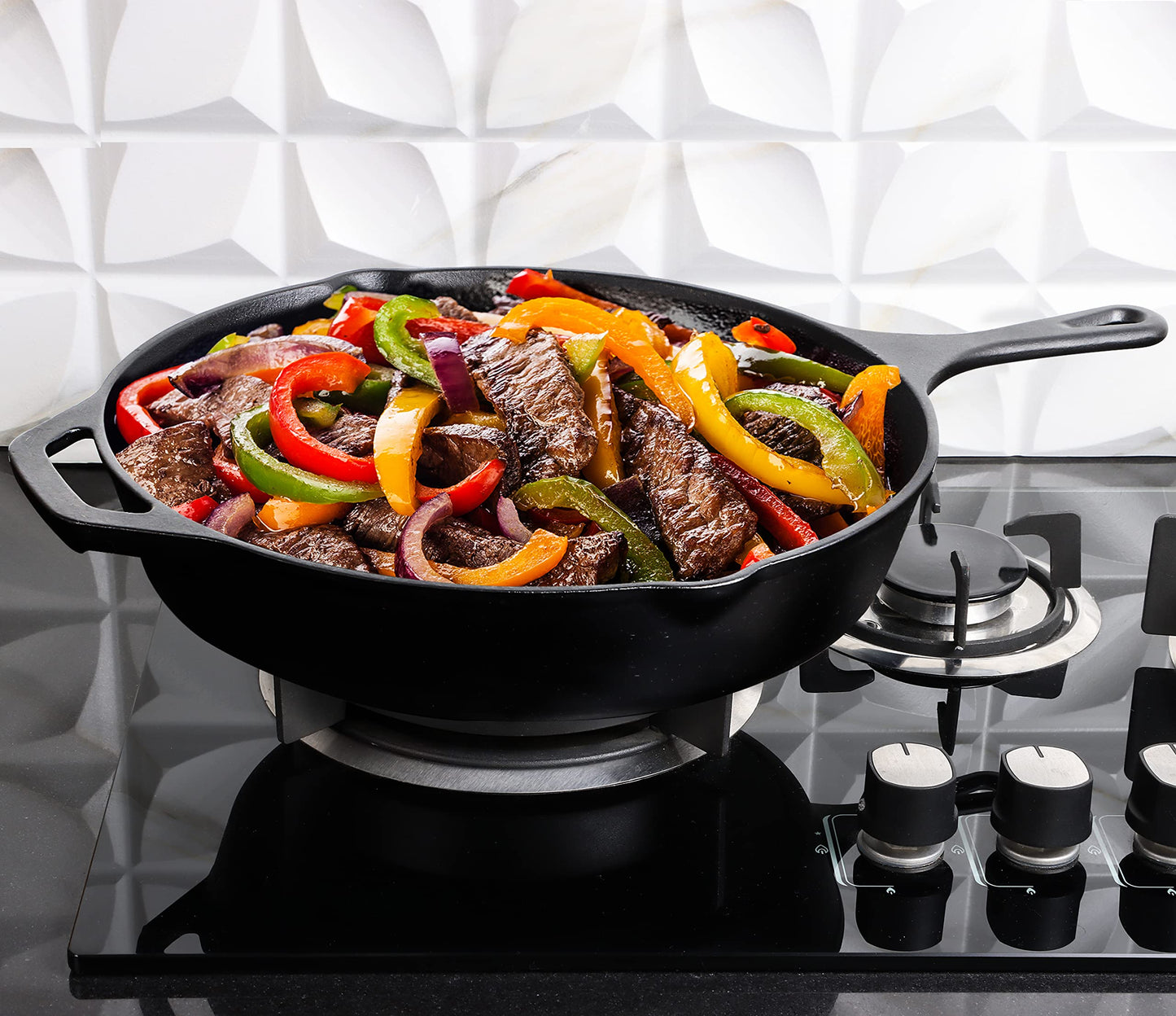 Utopia Kitchen Premium Cast Iron Skillets 12 Inch, Chef's Pan, Pre-Seasoned Frying Pan, Stovetop, Oven, Campfire and Grill Large Skillet, Even Heat Distribution Multipurpose Cast Iron Pan - Black