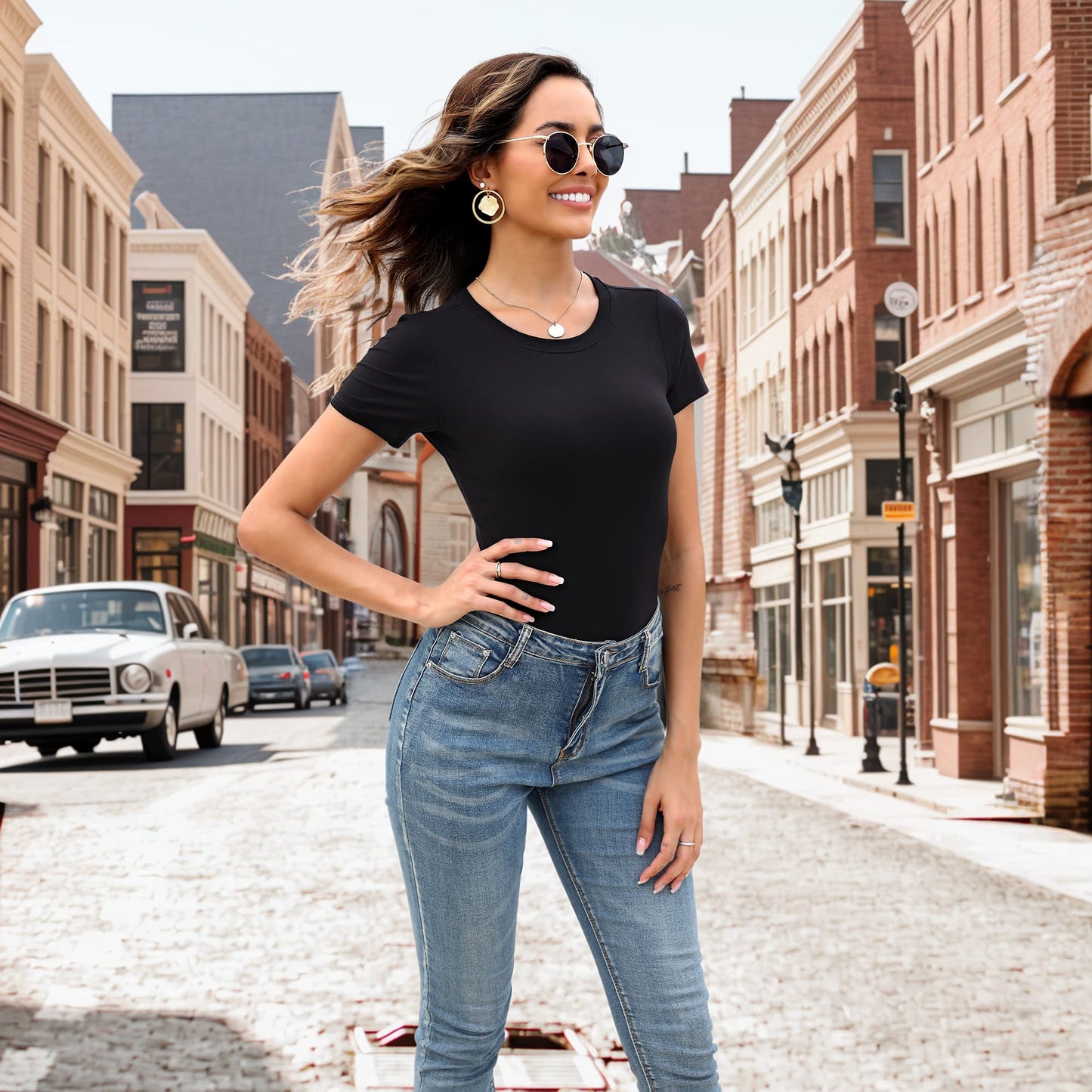 MLYENX 5 Pack Body Suits for Womens Short Sleeve Round Neck Casual Stretchy Basic T Shirt Bodysuit Tops M