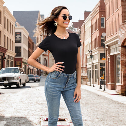 MLYENX 5 Pack Body Suits for Womens Short Sleeve Round Neck Casual Stretchy Basic T Shirt Bodysuit Tops M