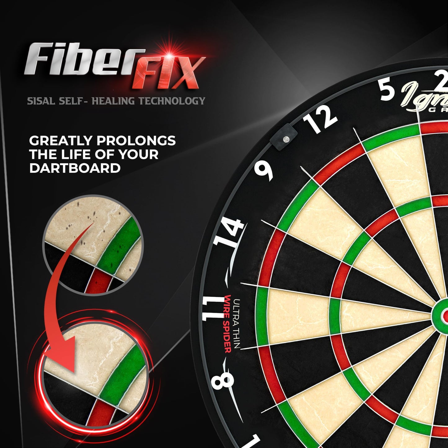 IgnatGames Dart Board Professional- Competition Size Kenyan Sisal Dart Board for Adults - Staple-Free Ultra-Thin Wire Spider Dartboard + Accessories & SnapFit Dartboard Mounting Bracket