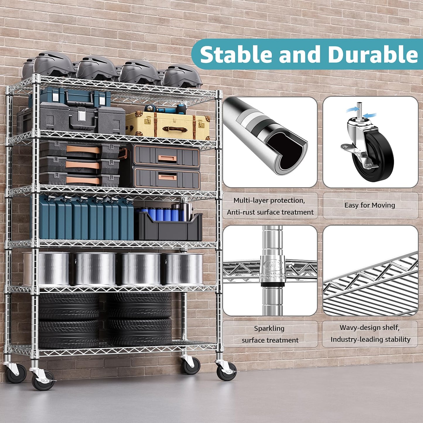 MZG Steel Storage Shelving 6-Tier Utility Shelving Unit with Wheels, Steel Organizer Wire Rack for Home,Kitchen,Office,Garage,17.7" D x 47.2" W x 76.7" H