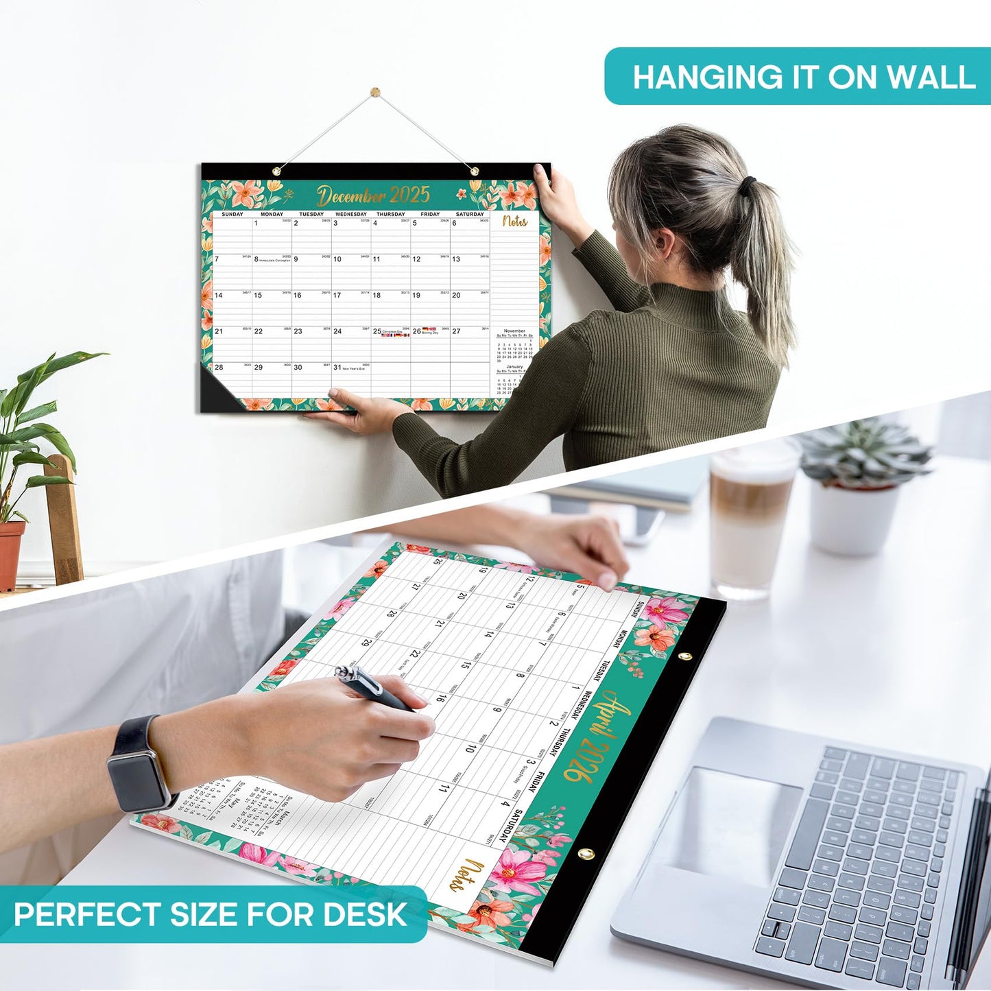 Desk Calendar 2025-2026, 21 Months Calendar Runs from April 2025 to December 2026 - Large 17" x 12" Desktop/Wall Monthly Calendar for Home School, or Office - Floral Pattern