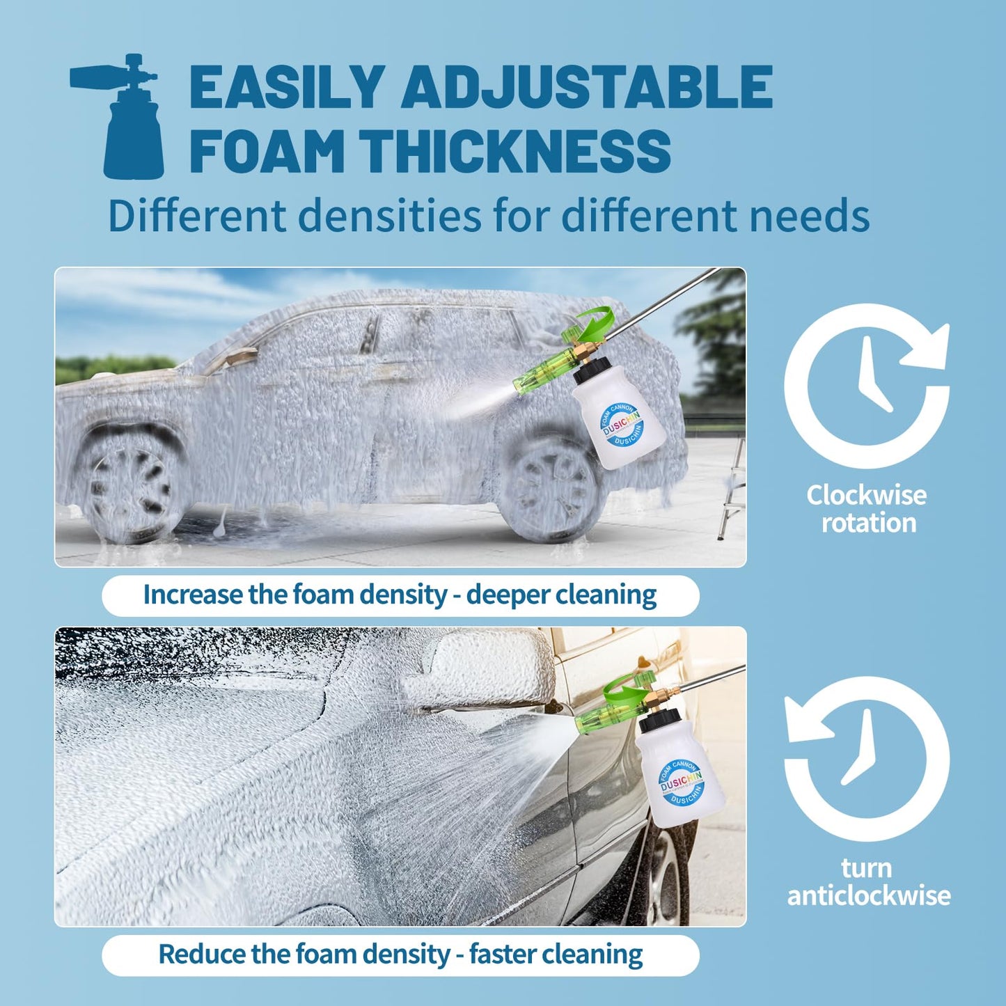 DUSICHIN Foam Cannon for Pressure Washer Wide Neck Car Wash Snow Soap Dispenser for Car Washing with 1/4 Inch Quick Connector, Additional 1.04 mm Orifice Nozzle DUS2601