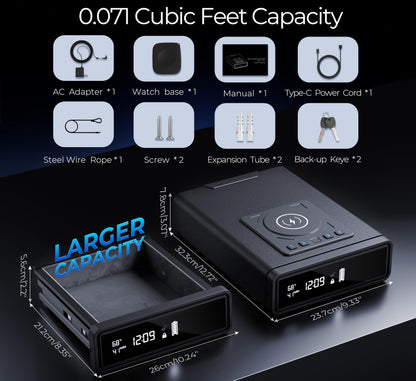 Smart Biometric Safe with Wireless Charging for Phone & Watch, 3 Access Methods to Unlock, Nightstand Drawer Safe LED Display with Humidity & Temperature Monitoring, Stopbox for Cash and Valuables