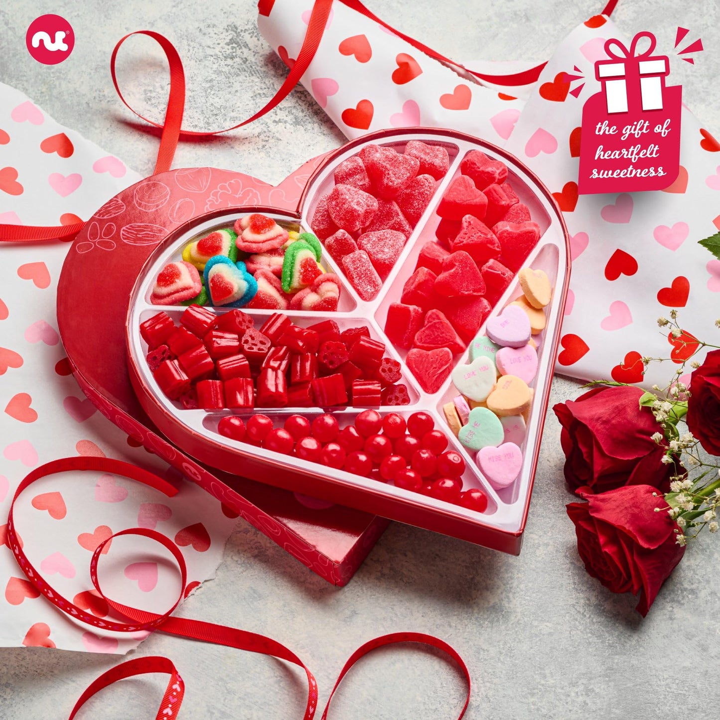 NUT CRAVINGS - Valentines Day Mixed Candy Heart Shaped Gift Basket, Love in A Box (6 Assortments) Romantic Food Arrangement, Healthy Snack Care Package, Food Assortments