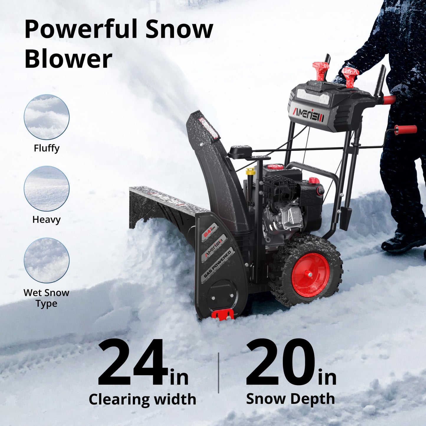 AMERISUN Snow Blower, 24-Inch Gas Powered Snow Blower 7HP OHV 212cc Engine,Self-Propelled Snow Thrower, Electric Start,13-Inch Snow Tires, LED Lights,180° Rotatable Chute, for Driveways & Heavy Snow