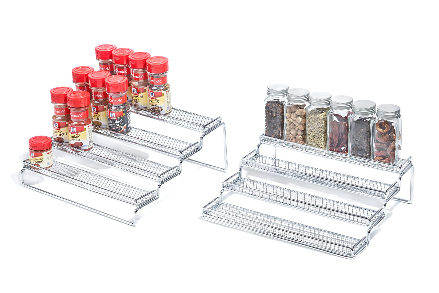 GONGSHI Spice Rack Organizer for Cabinet, 4 Tier Seasoning Organizer, Expandable Shelf,Step Storage Holder, Kitchen Cabinet Countertop,with Protection Railing, Metal (Chrome2 PC)