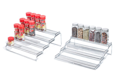 GONGSHI Spice Rack Organizer for Cabinet, 4 Tier Seasoning Organizer, Expandable Shelf,Step Storage Holder, Kitchen Cabinet Countertop,with Protection Railing, Metal (Chrome2 PC)
