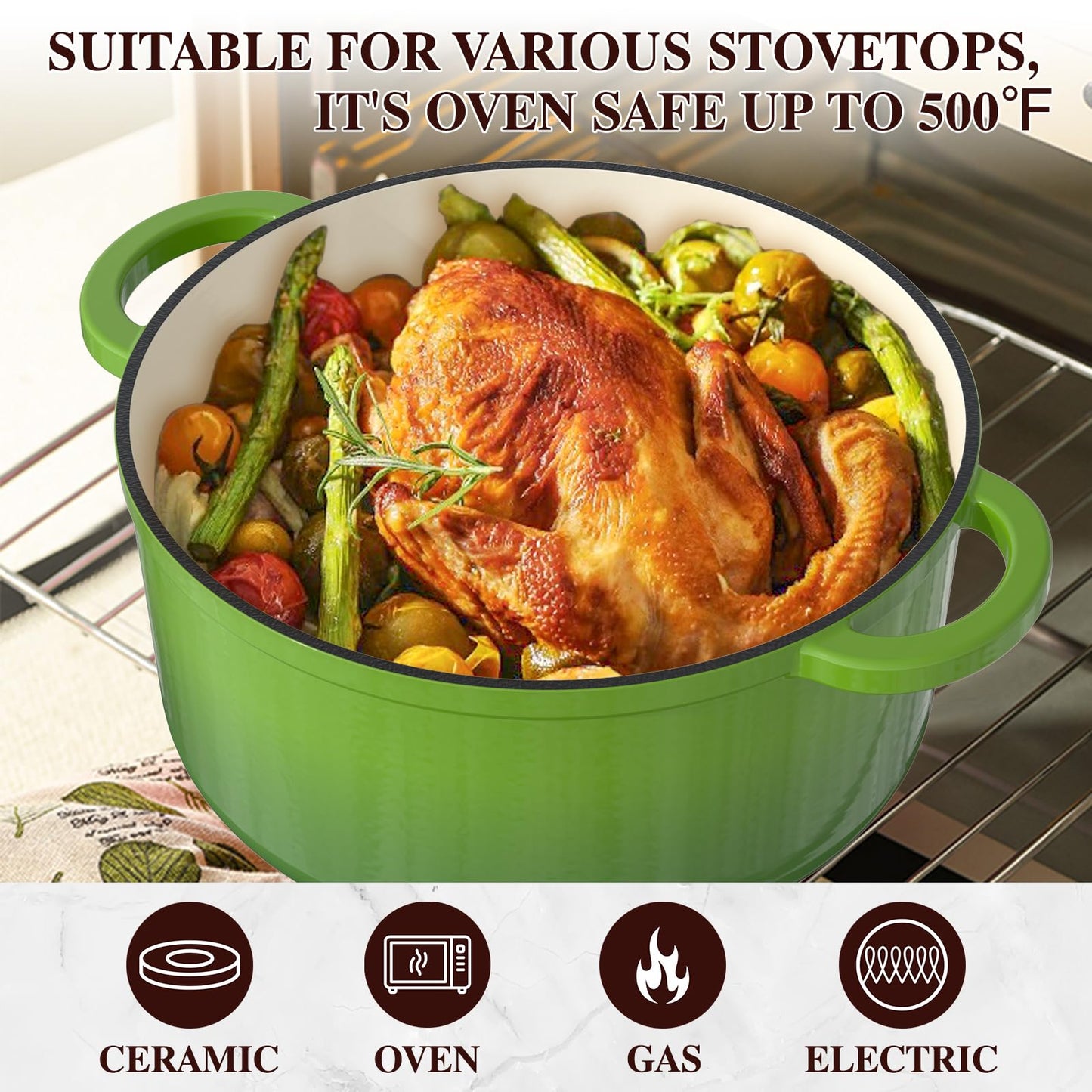Umite Chef 5QT Enameled Cast Iron Dutch Oven Pot with Lid, Heavy-Duty, Cookware for Bread Baking, Braising, Stews, Roasting, Wedding Registry Ideas & Gifts(Green)