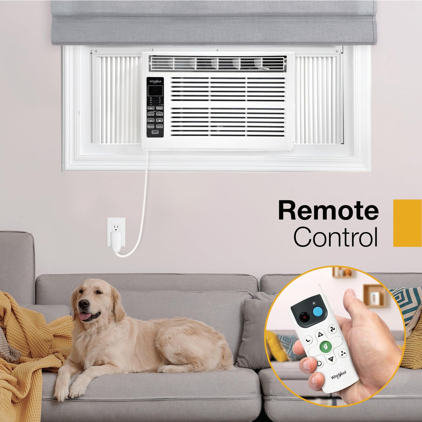 Whirlpool WHAW061CW 6,000 BTU Air Conditioner with Dehumidifier, 115V, Window AC 250 Sq. Ft, Living Room, Bedroom, or Kitchen, with Remote Control, Digital Display, and 24H-Timer, Bright White