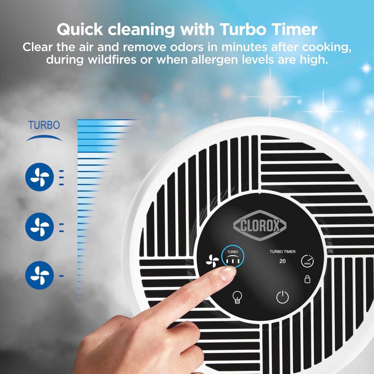 Clorox Turbo Air Purifiers for Home, True HEPA Filter, Quickly Cleans Medium Rooms Up to 1,000 Sq Ft, Reduces 99.9% of Mold, Viruses, Wildfire Smoke, Allergens, Pet Allergies, Dust, Whisper Quiet