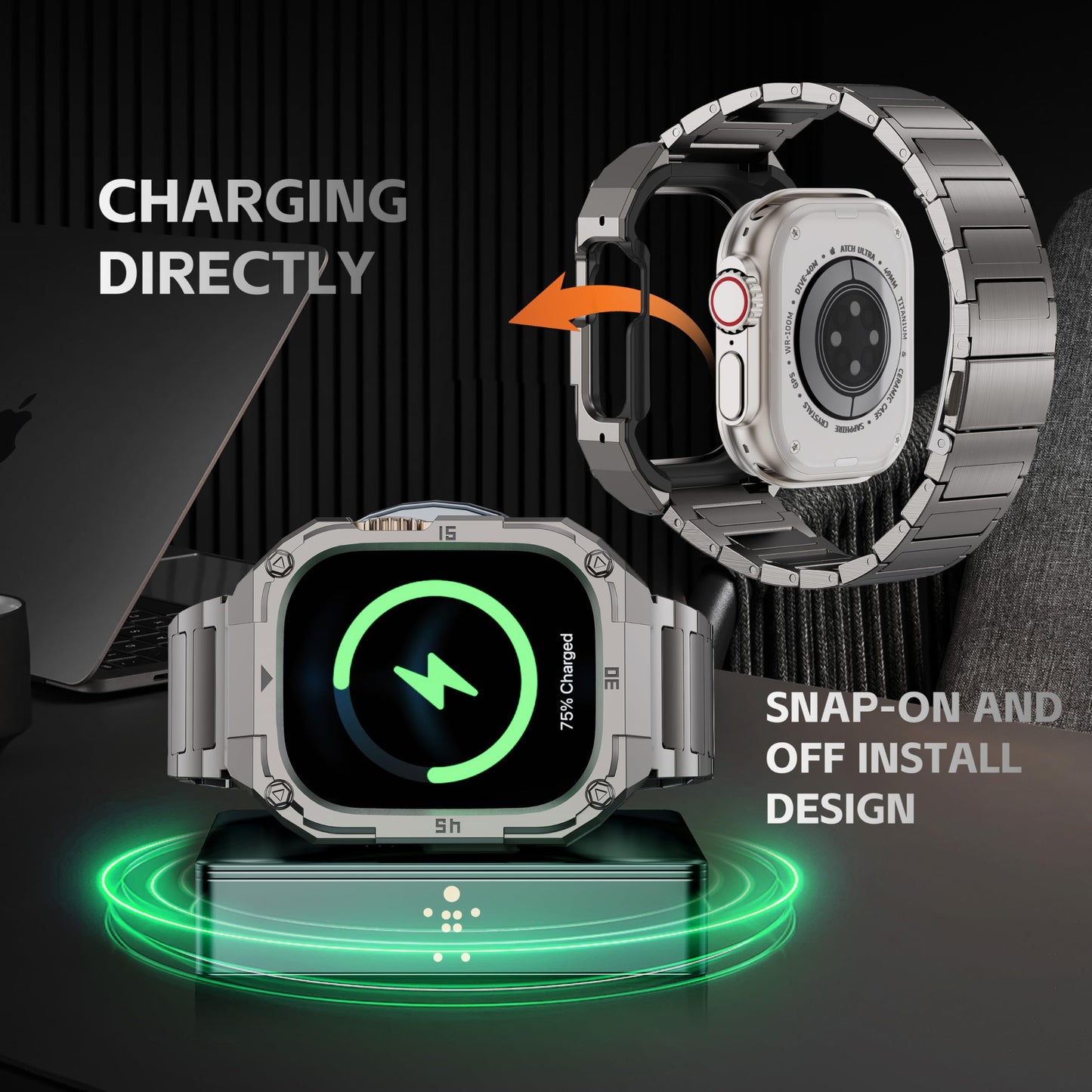 Stainless Steel Case with Band Compatiable for Apple Watch 44mm Bands -Rugged Metal iWatch Bumper Cover and Strap for Men iWatch Bands Series 6 5 4,Titanium