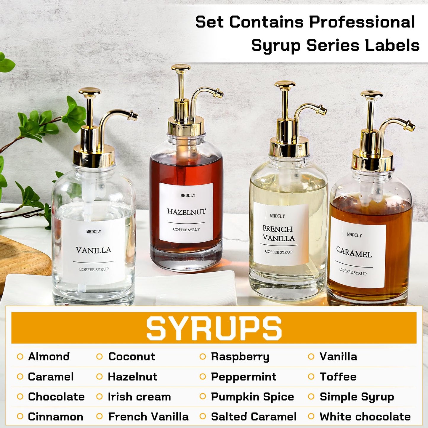 MHDCLY Coffee Bar Accessories, Coffee Syrup Dispenser - 4pack,16.9oz Syrup Dispenser with Labels,Syrup Pump Dispenser for Coffee Bar(Gold pump)