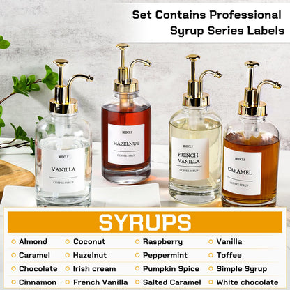 MHDCLY Coffee Bar Accessories, Coffee Syrup Dispenser - 4pack,16.9oz Syrup Dispenser with Labels,Syrup Pump Dispenser for Coffee Bar(Gold pump)